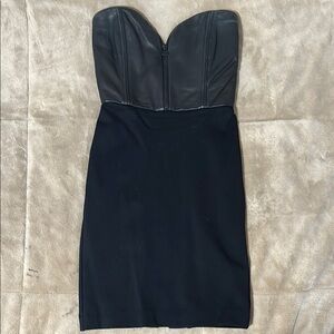 Alice + Olivia Black Strapless sweetheart leather & silk Body con Dress